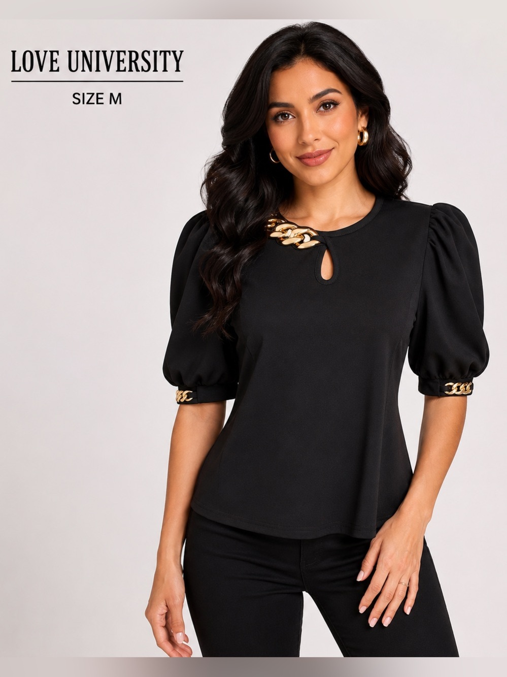 Love University black Puff Sleeve Chain Accent dressy feminine  Blouse Size M